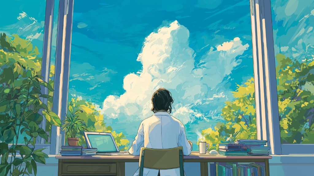 A clinician in a white coat sits at a wooden desk with a laptop, books, and a warm drink, looking out a wide window at blue sky, clouds, and green treetops.
