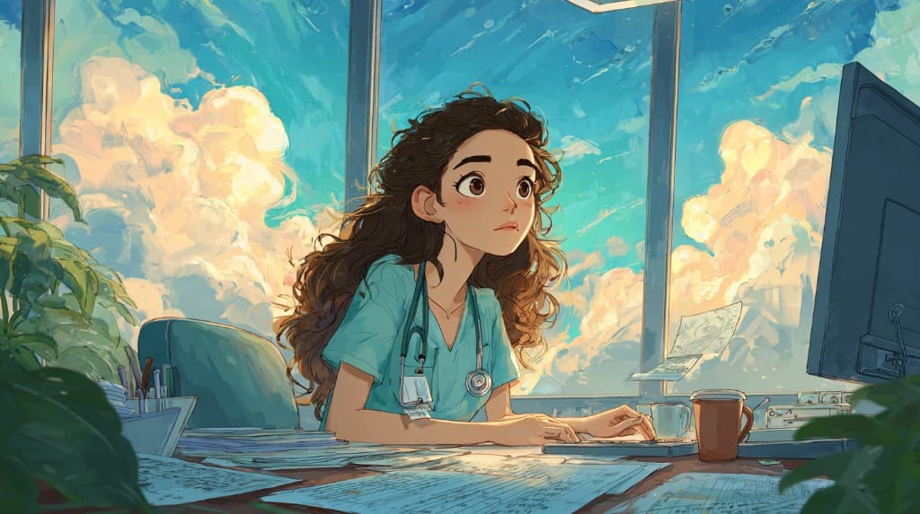 A clinician in scrubs works at a desk covered in charts and papers, typing at a computer with a bright sky visible through tall windows behind her.