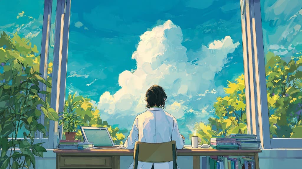 A doctor in a white coat sits at a desk with a laptop and notes, pausing thoughtfully with a warm, bright window and sky behind them.