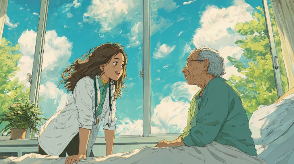 A young doctor leans in to speak with an elderly patient sitting up in a hospital bed, a bright window and blue sky behind them.