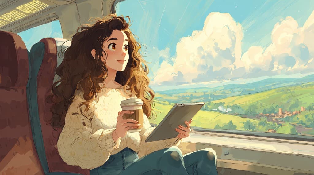 A woman in a cozy sweater sits on a train with coffee and a tablet, smiling as she looks out the window at green hills and a bright blue sky with clouds.