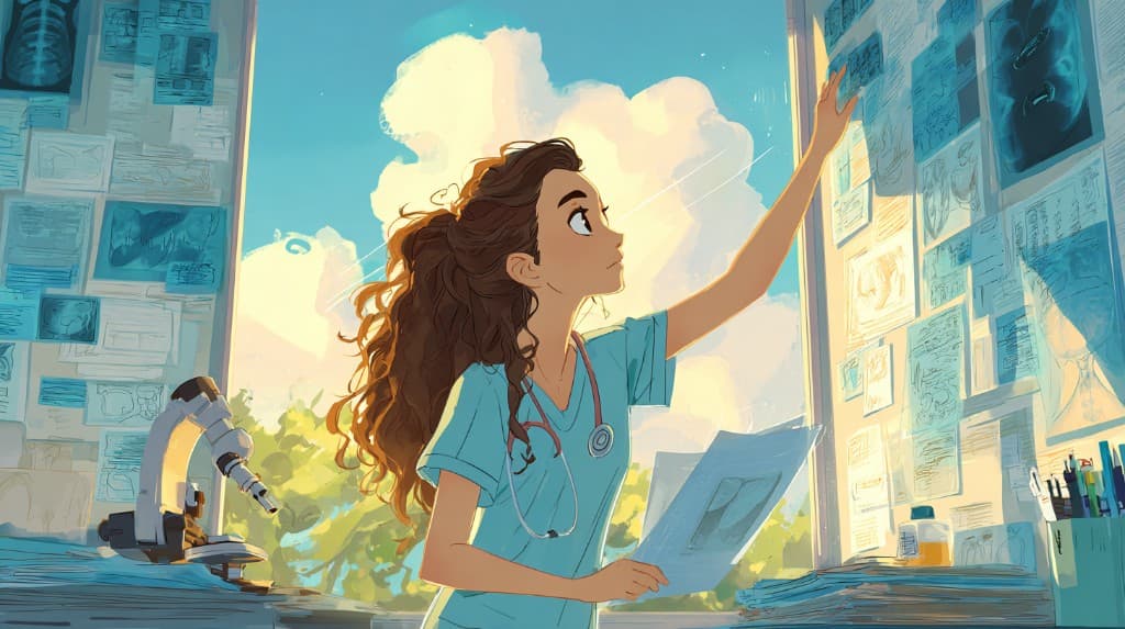 A clinician in scrubs reviews X-rays and papers on a wall board in a sunlit room, microscope and charts on the desk beside a bright window.