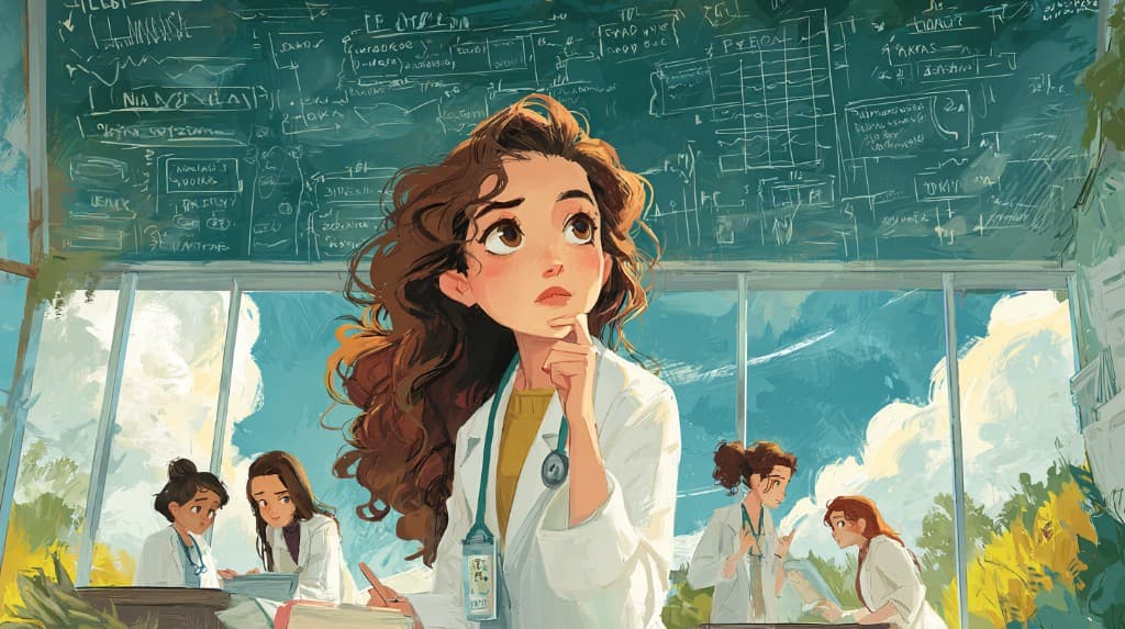 A thoughtful doctor in a lab coat stands before a chalkboard of diagrams and notes, colleagues collaborating in a bright room with large windows and sky behind them.