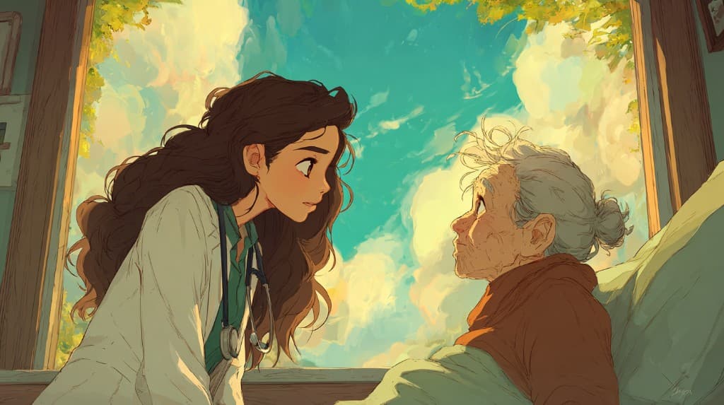 A young doctor in a lab coat leans toward an elderly patient in bed as they talk, warm light through a window behind them.